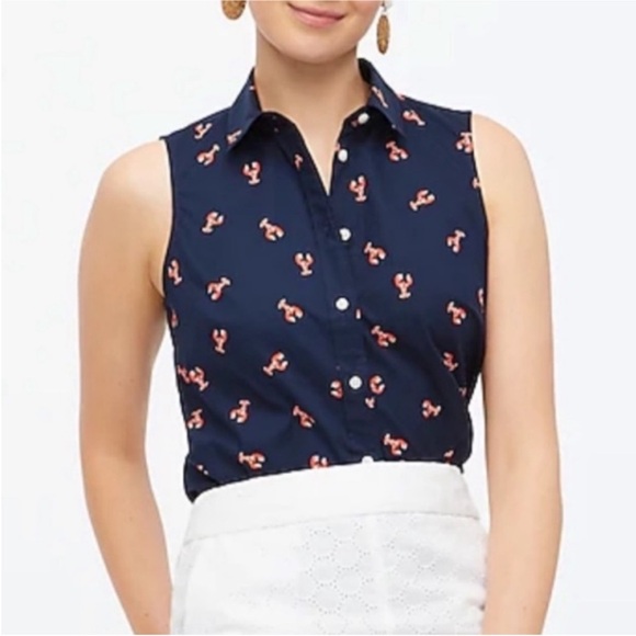 J. Crew Tops - J. Crew Navy Button Down Sleeveless Blouse with Preppy Red Lobster Pattern